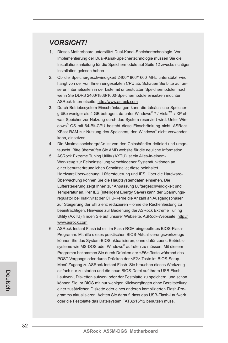 Vorsicht, Deutsch | ASRock A55M-DGS User Manual | Page 32 / 163