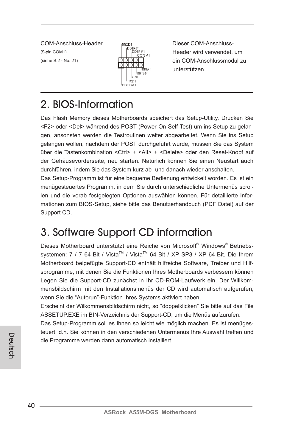 Bios-information, Software support cd information, Deutsch | ASRock A55M-DGS User Manual | Page 40 / 163