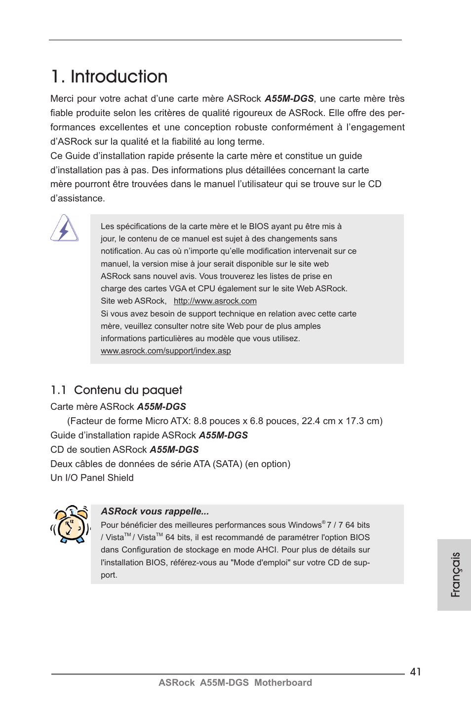 French, Introduction, 1 contenu du paquet | Français | ASRock A55M-DGS User Manual | Page 41 / 163