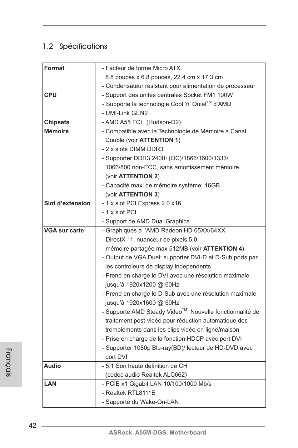 Français 1.2 spécifications | ASRock A55M-DGS User Manual | Page 42 / 163