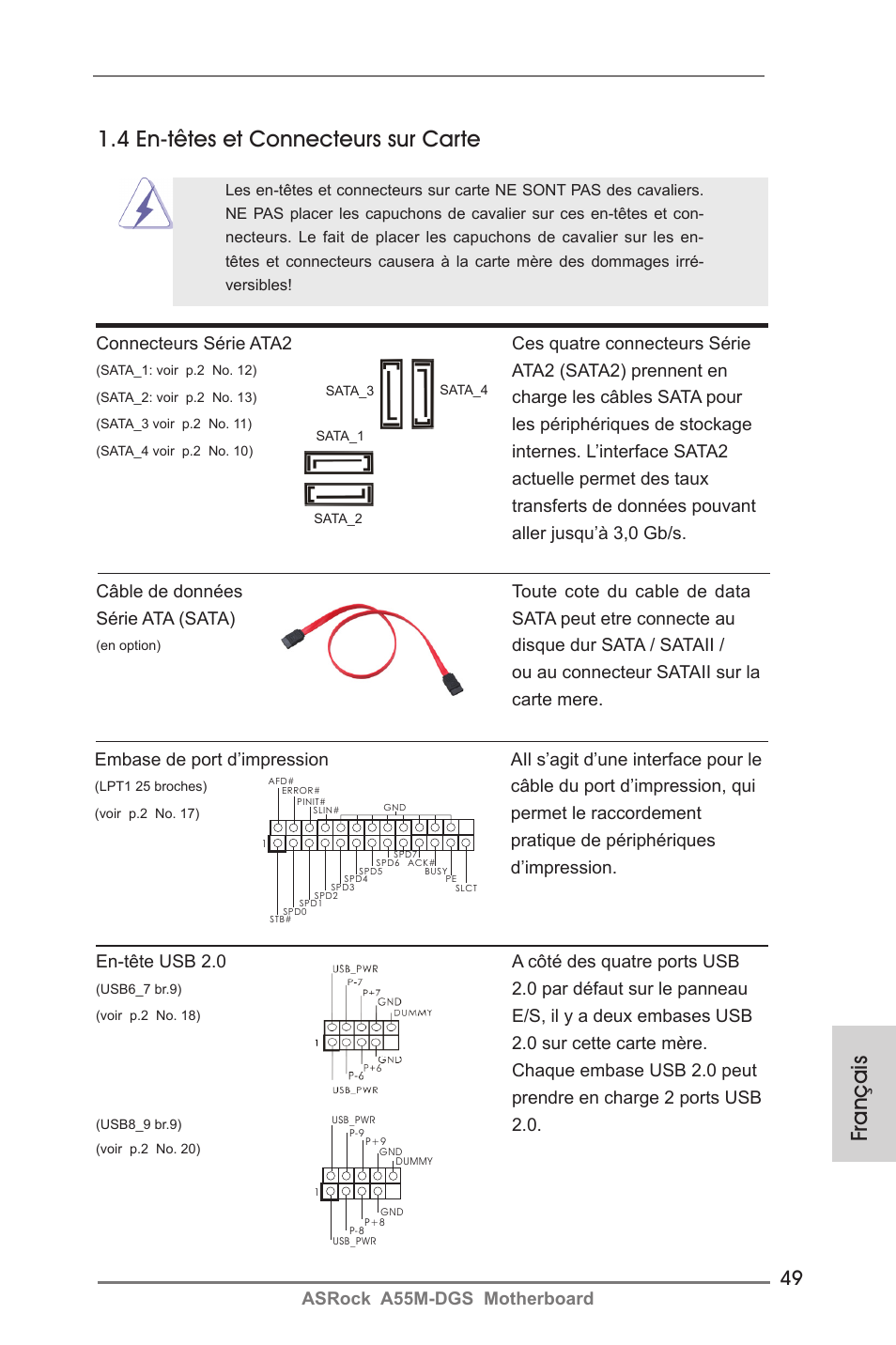 Français, 4 en-têtes et connecteurs sur carte | ASRock A55M-DGS User Manual | Page 49 / 163