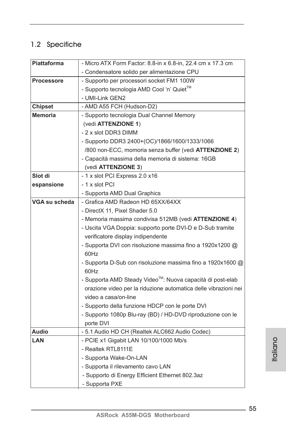 Italiano 1.2 specifiche | ASRock A55M-DGS User Manual | Page 55 / 163