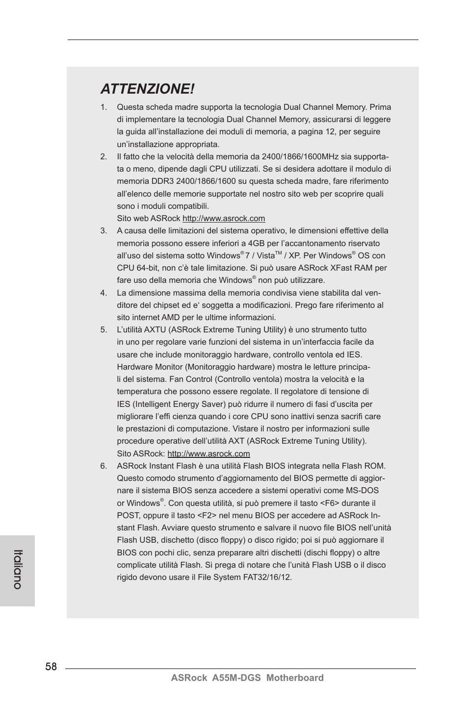 Attenzione, Italiano | ASRock A55M-DGS User Manual | Page 58 / 163