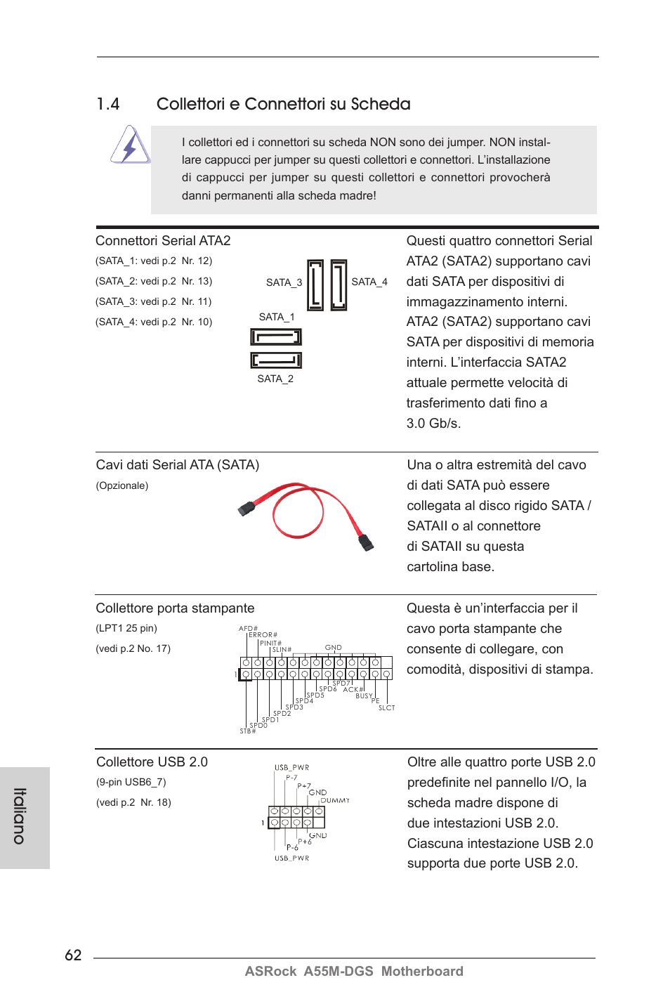 Italiano 1.4 collettori e connettori su scheda | ASRock A55M-DGS User Manual | Page 62 / 163