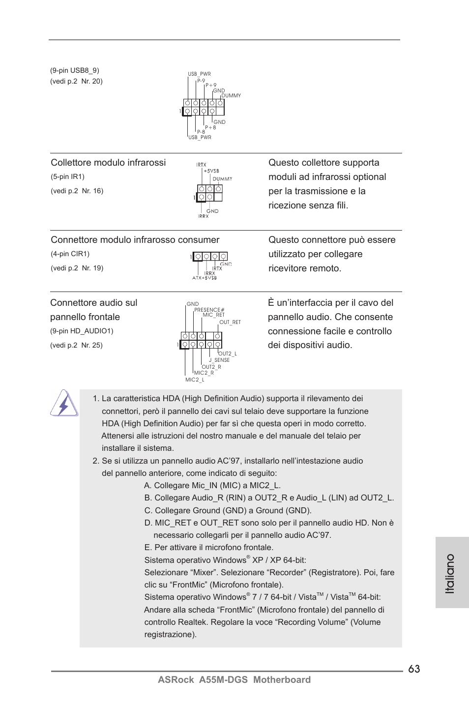 Italiano, Asrock a55m-dgs motherboard, Connessione facile e controllo | Dei dispositivi audio, Utilizzato per collegare, Moduli ad infrarossi optional, Per la trasmissione e la ricezione senza fili | ASRock A55M-DGS User Manual | Page 63 / 163