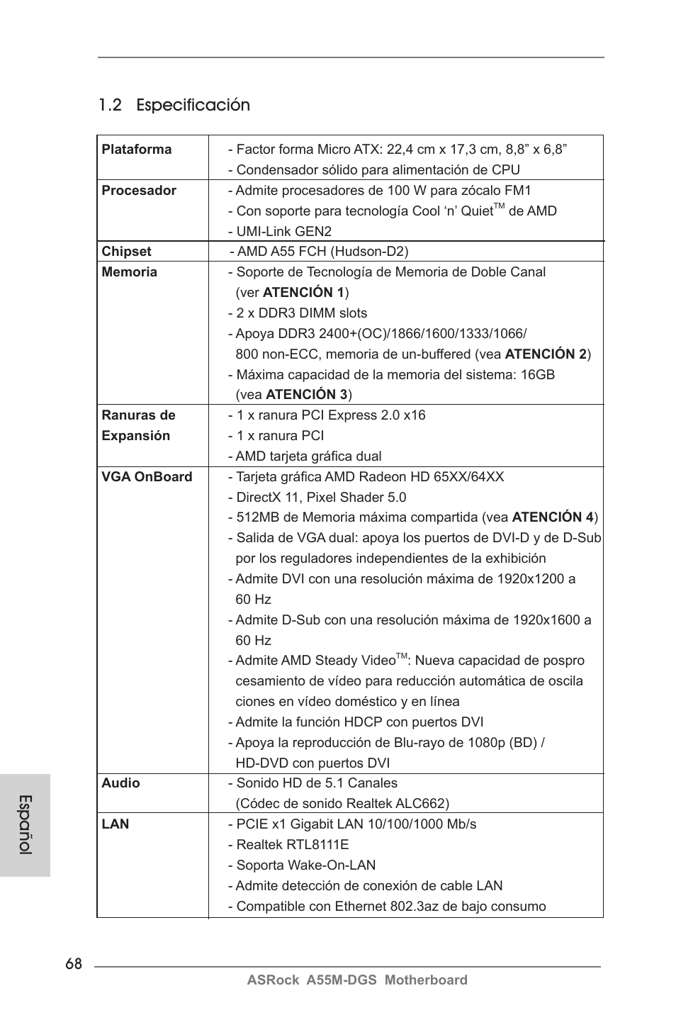 Español 1.2 especificación | ASRock A55M-DGS User Manual | Page 68 / 163