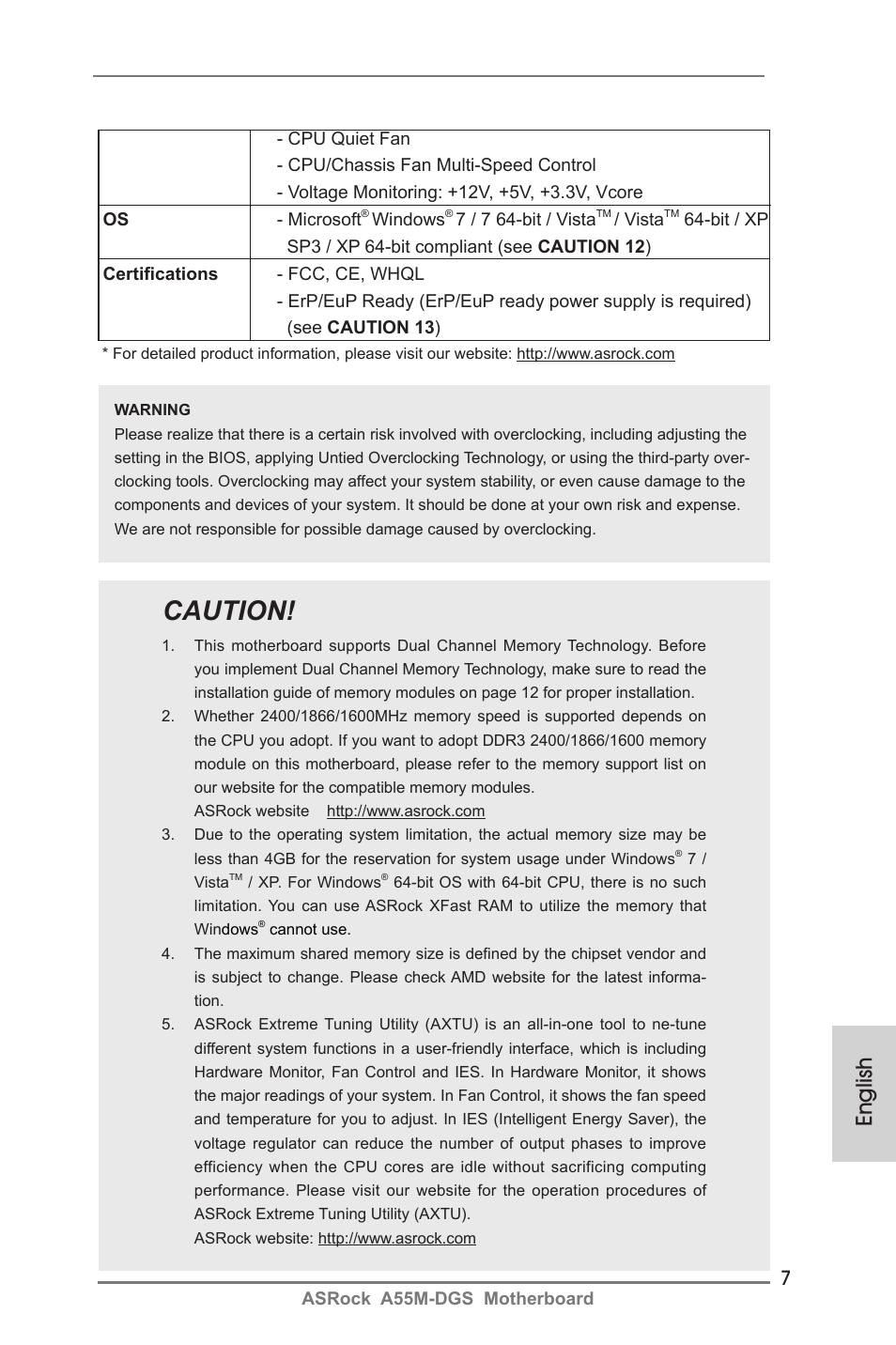 Caution, English | ASRock A55M-DGS User Manual | Page 7 / 163