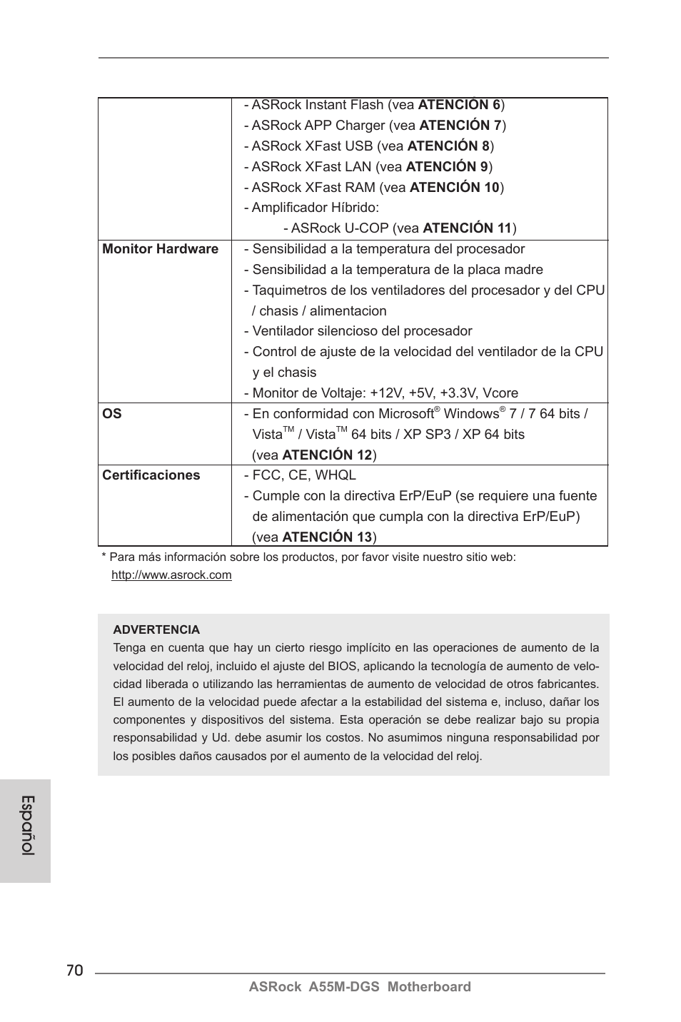 Español | ASRock A55M-DGS User Manual | Page 70 / 163