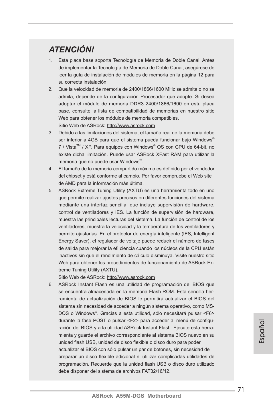 Atención, Español | ASRock A55M-DGS User Manual | Page 71 / 163