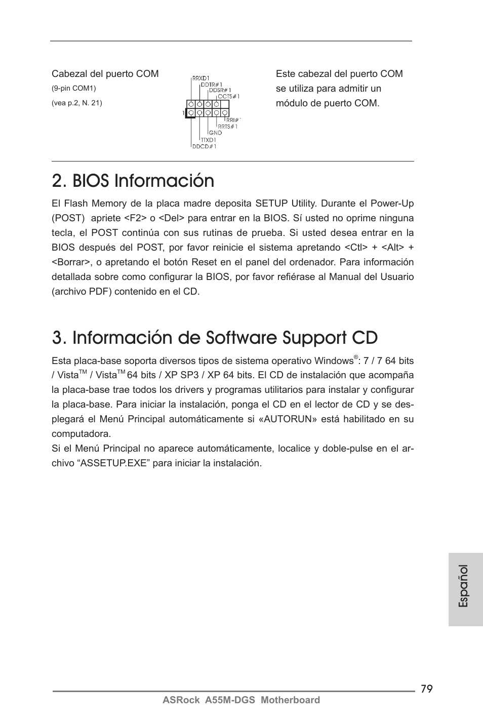 Bios información, Información de software support cd, Español | ASRock A55M-DGS User Manual | Page 79 / 163