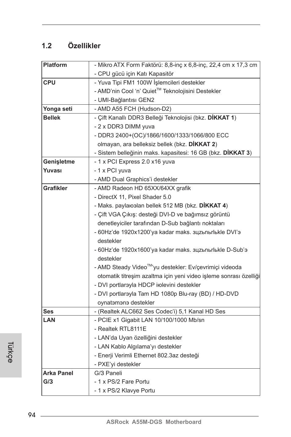 Türkçe 1.2 özellikler | ASRock A55M-DGS User Manual | Page 94 / 163