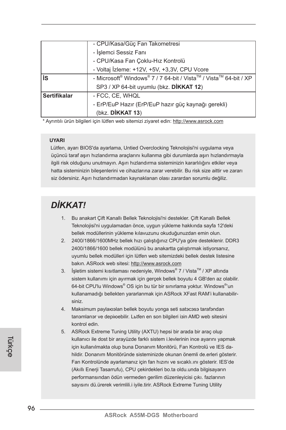 Dikkat, Türkçe | ASRock A55M-DGS User Manual | Page 96 / 163
