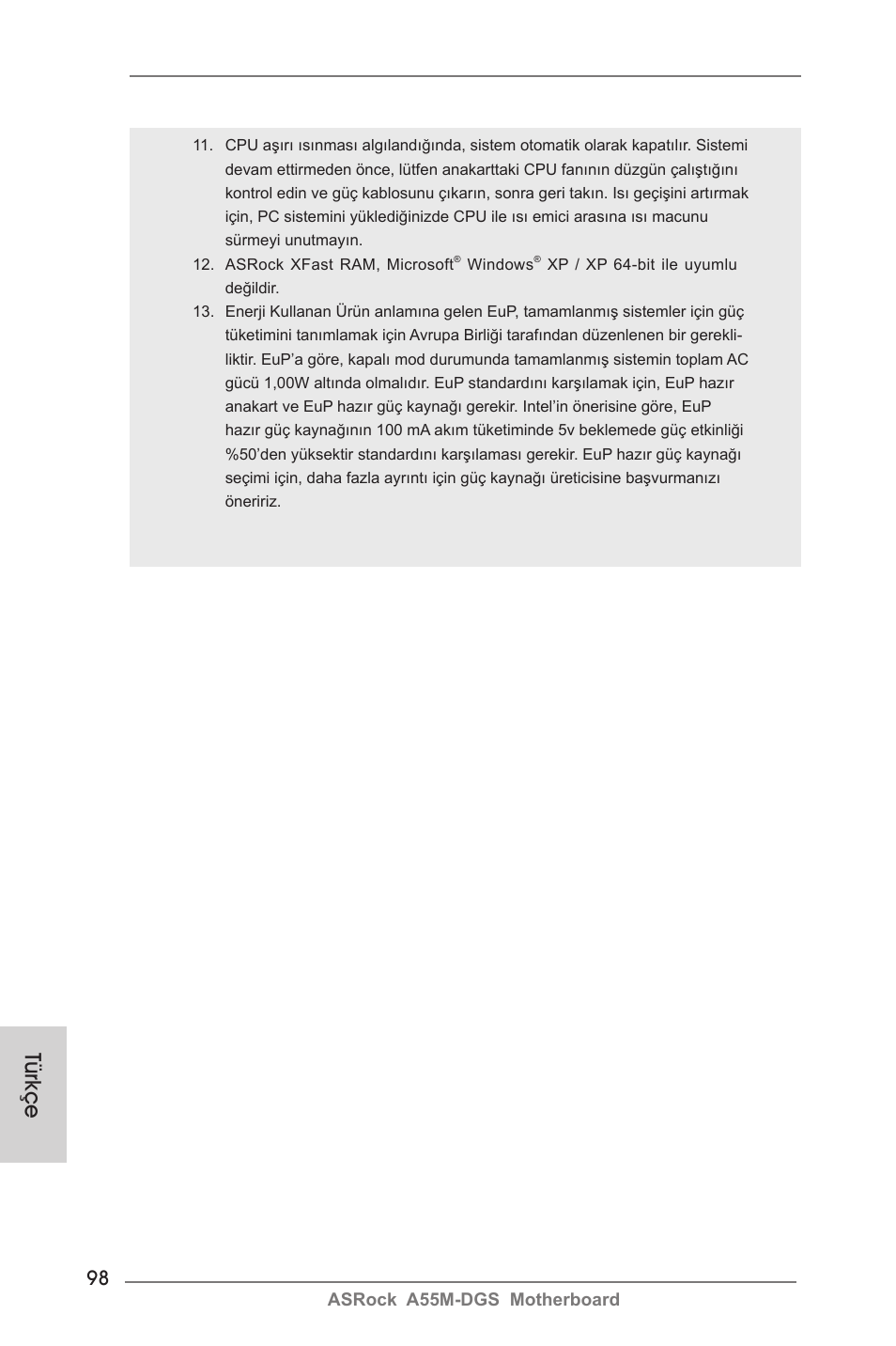 Türkçe | ASRock A55M-DGS User Manual | Page 98 / 163