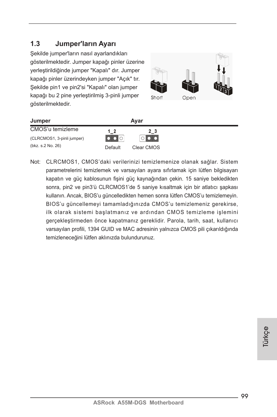 Türkçe 1.3 jumper'ların ayarı | ASRock A55M-DGS User Manual | Page 99 / 163