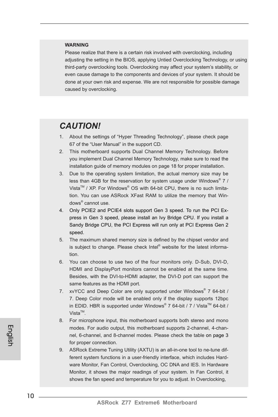 Caution, English, Asrock z77 extreme6 motherboard | ASRock Z77 Extreme6 User Manual | Page 10 / 256