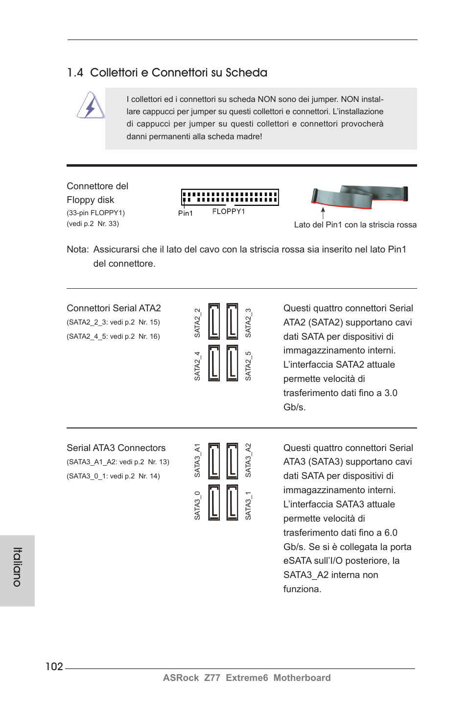 Italiano 1.4 collettori e connettori su scheda | ASRock Z77 Extreme6 User Manual | Page 102 / 256