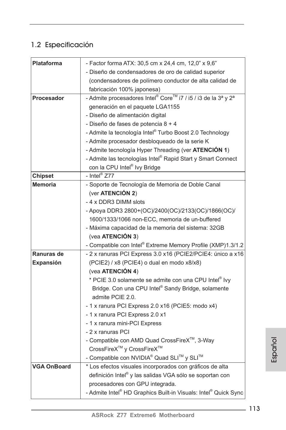 Español 1.2 especificación | ASRock Z77 Extreme6 User Manual | Page 113 / 256