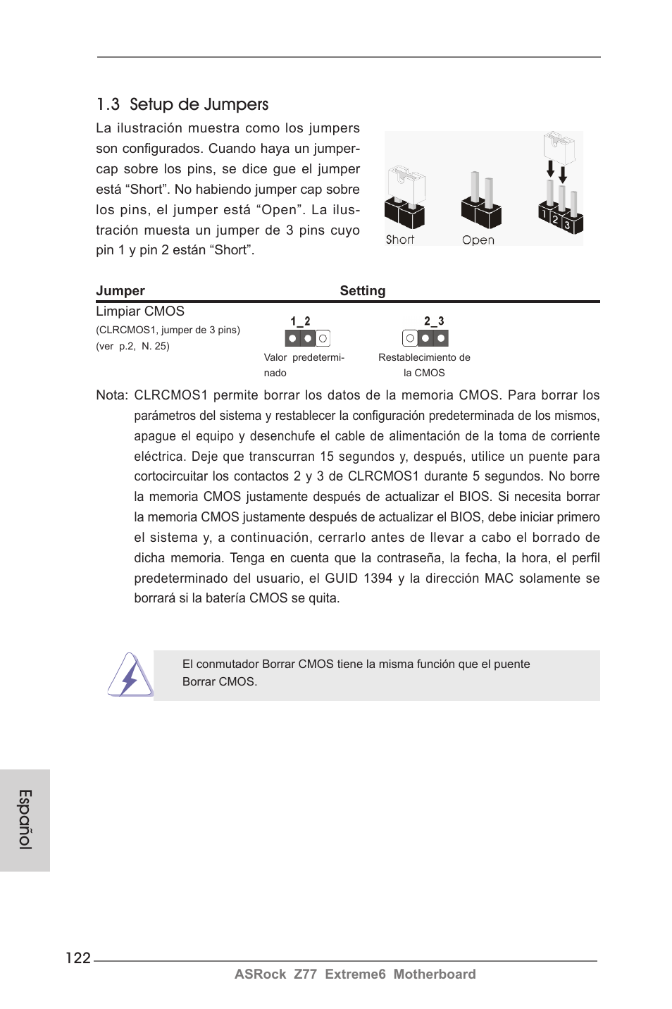 Español 1.3 setup de jumpers | ASRock Z77 Extreme6 User Manual | Page 122 / 256
