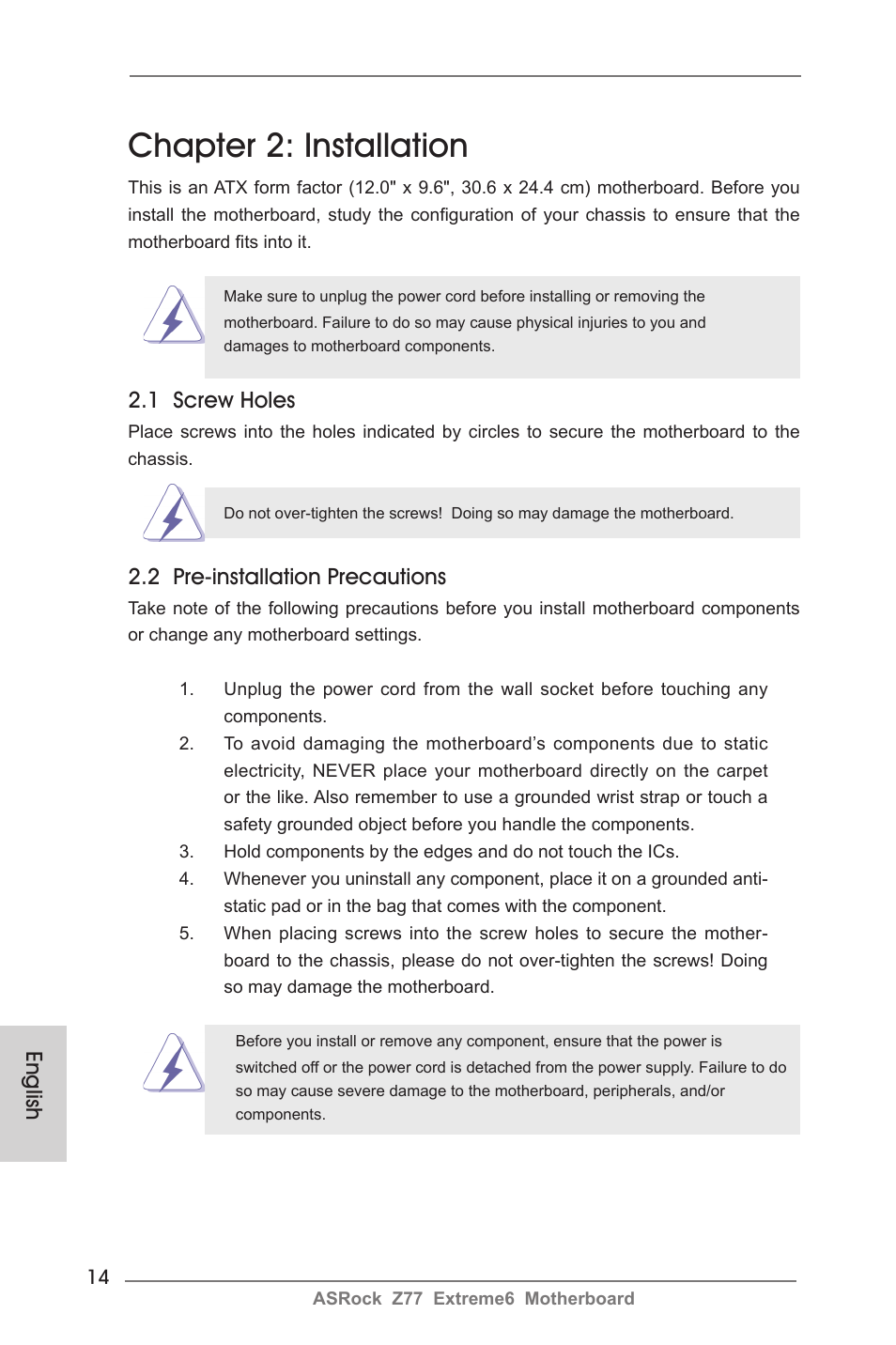 Chapter 2: installation, 1 screw holes, 2 pre-installation precautions | English | ASRock Z77 Extreme6 User Manual | Page 14 / 256