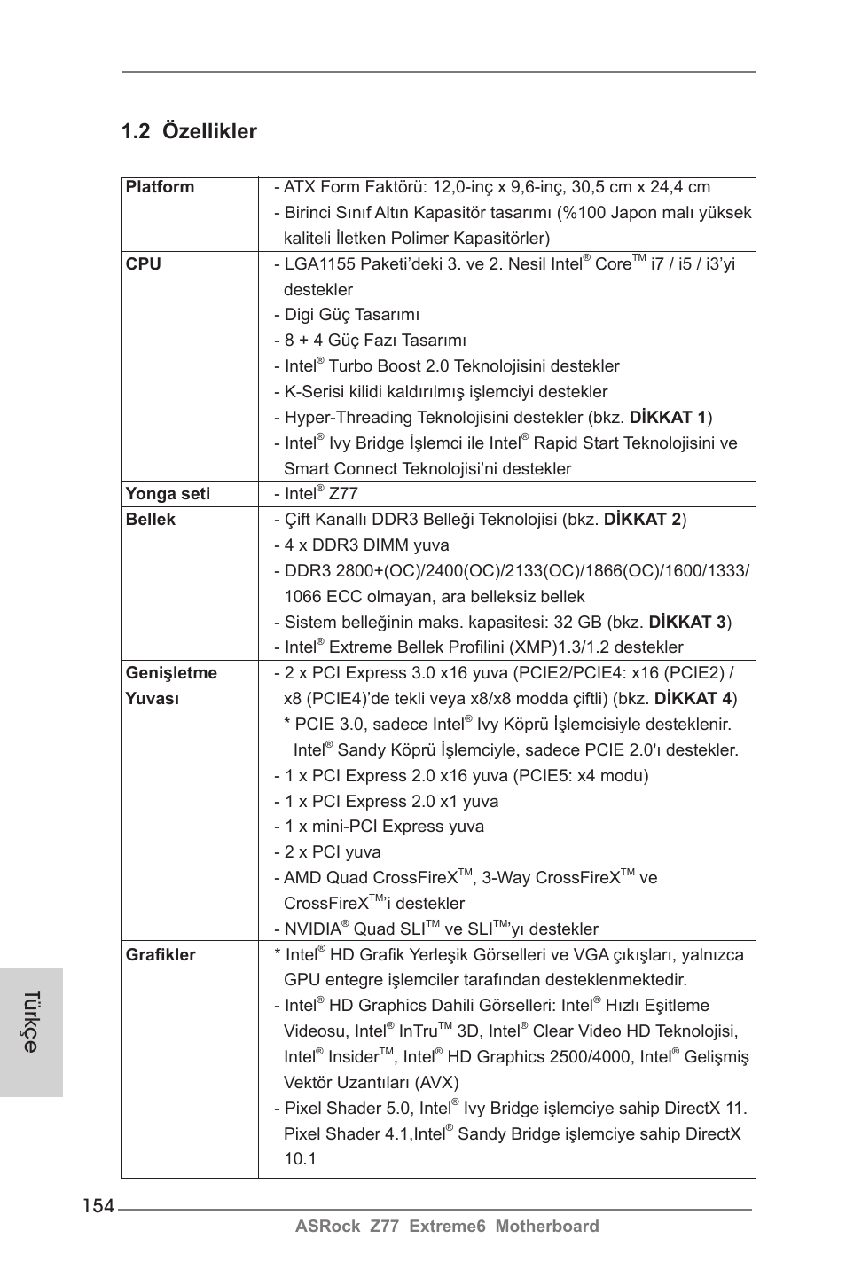 2 özellikler, Türkçe | ASRock Z77 Extreme6 User Manual | Page 154 / 256