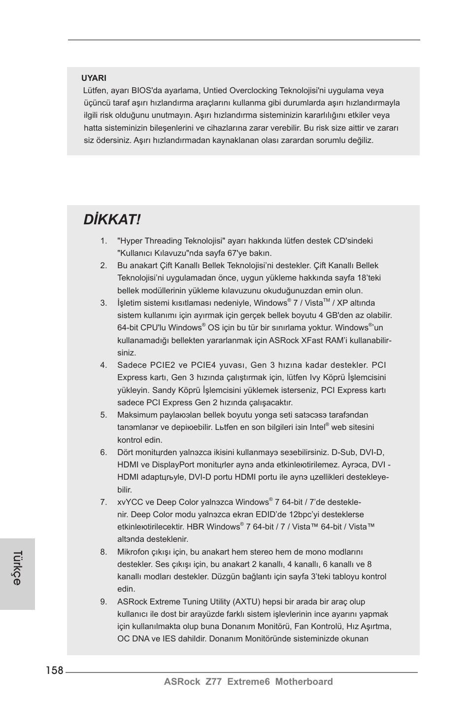 Dikkat, Türkçe, Asrock z77 extreme6 motherboard | ASRock Z77 Extreme6 User Manual | Page 158 / 256