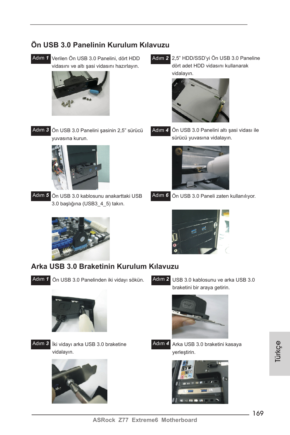 Ön usb 3.0 panelinin kurulum kılavuzu, Arka usb 3.0 braketinin kurulum kılavuzu, Türkçe | ASRock Z77 Extreme6 User Manual | Page 169 / 256