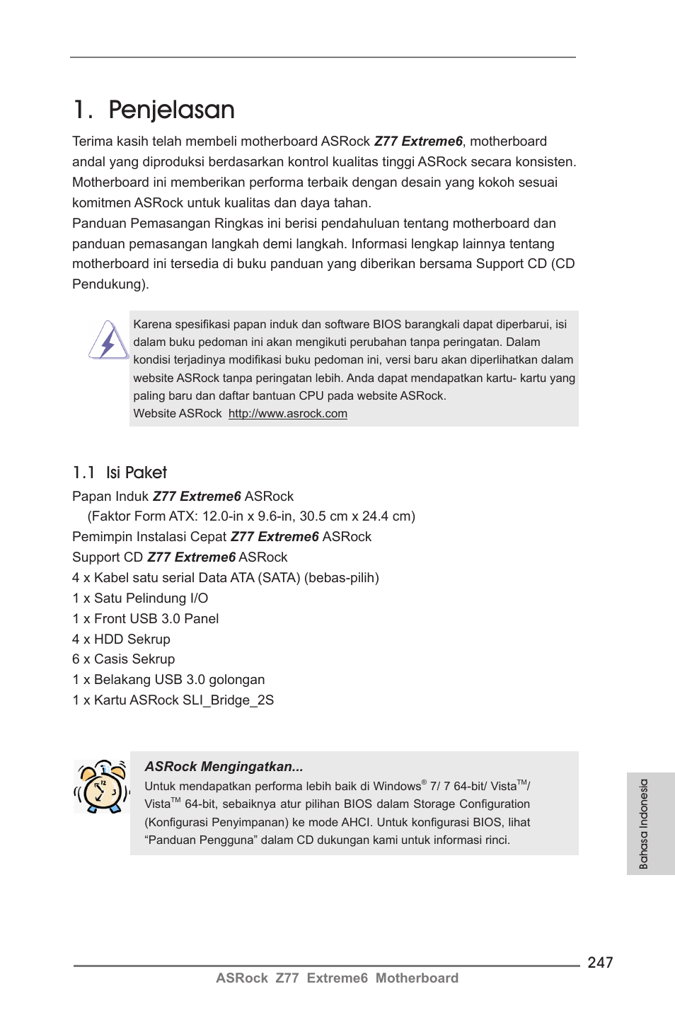 Indonesian, Penjelasan, 1 isi paket | ASRock Z77 Extreme6 User Manual | Page 247 / 256