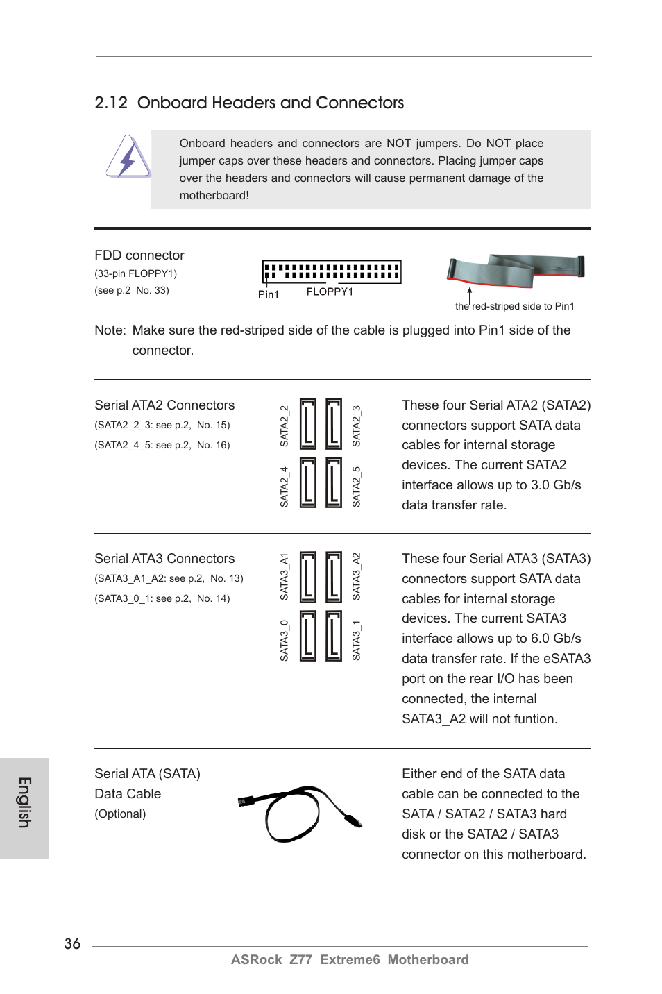 English 2.12 onboard headers and connectors | ASRock Z77 Extreme6 User Manual | Page 36 / 256