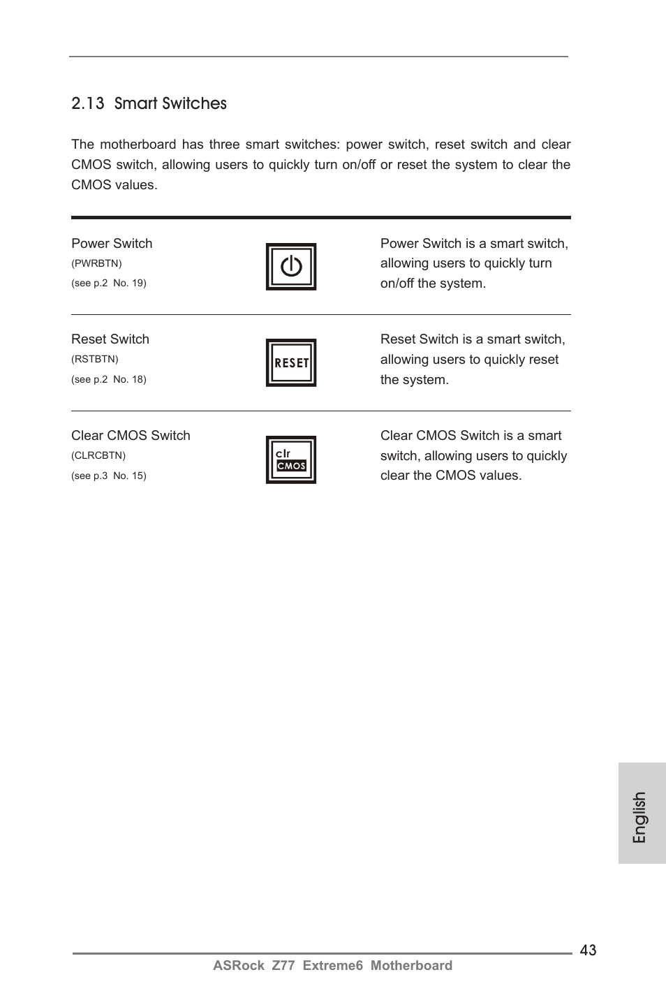 English, 13 smart switches | ASRock Z77 Extreme6 User Manual | Page 43 / 256