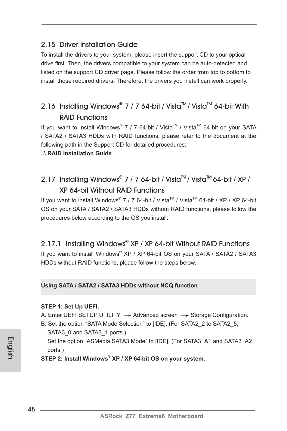 15 driver installation guide, 16 installing windows, 7 / 7 64-bit / vista | Vista, Bit with raid functions, 17 installing windows, Bit / xp / xp 64-bit without raid functions, 1 installing windows, Xp / xp 64-bit without raid functions, English | ASRock Z77 Extreme6 User Manual | Page 48 / 256