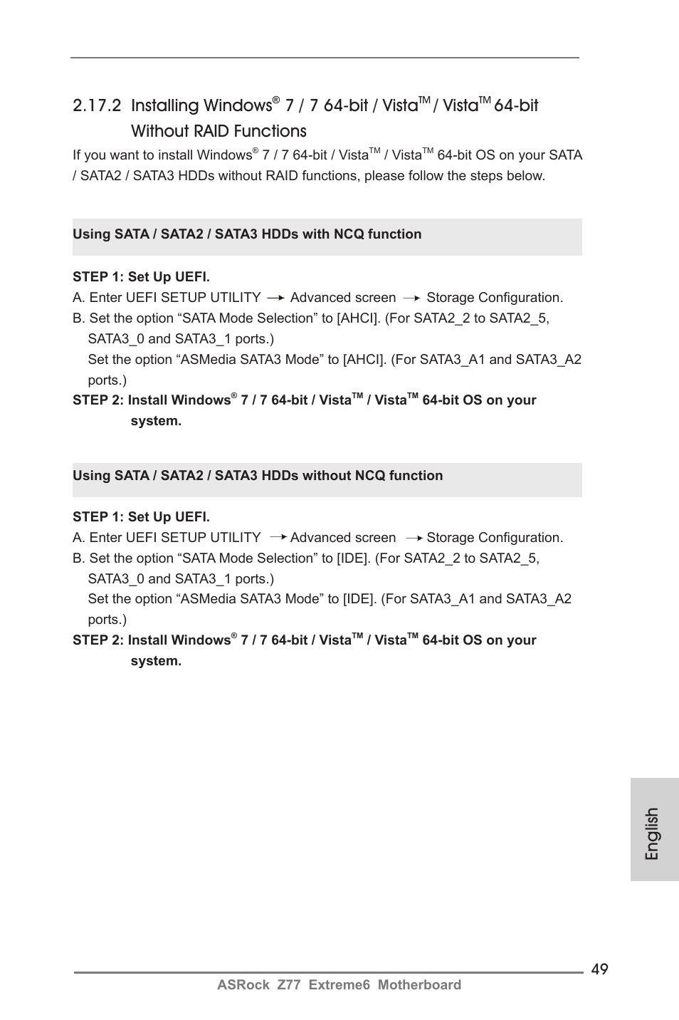 English 2.17.2 installing windows, 7 / 7 64-bit / vista, Vista | Bit without raid functions | ASRock Z77 Extreme6 User Manual | Page 49 / 256