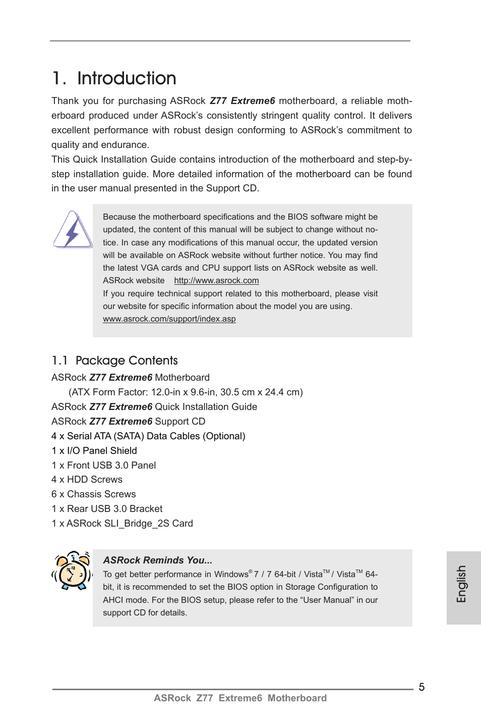 Introduction, 1 package contents, English | ASRock Z77 Extreme6 User Manual | Page 5 / 256