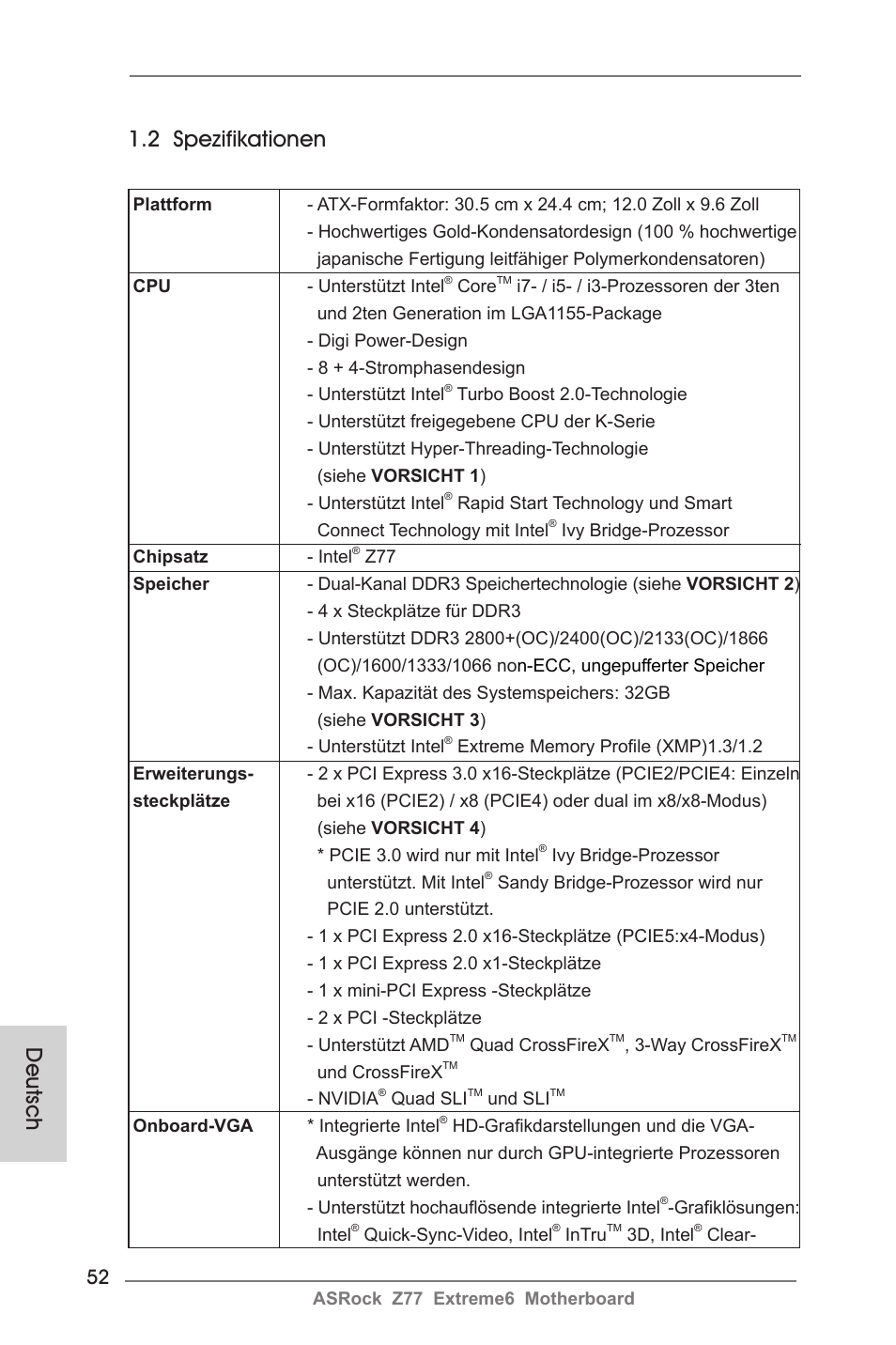 Deutsch 1.2 spezifikationen | ASRock Z77 Extreme6 User Manual | Page 52 / 256