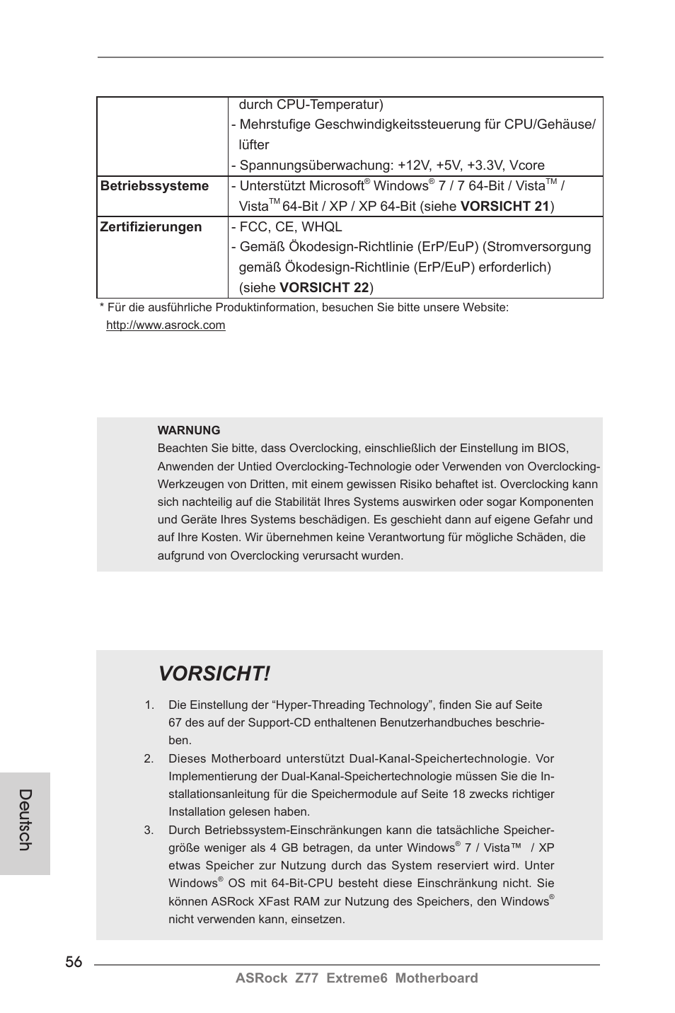 Vorsicht, Deutsch | ASRock Z77 Extreme6 User Manual | Page 56 / 256