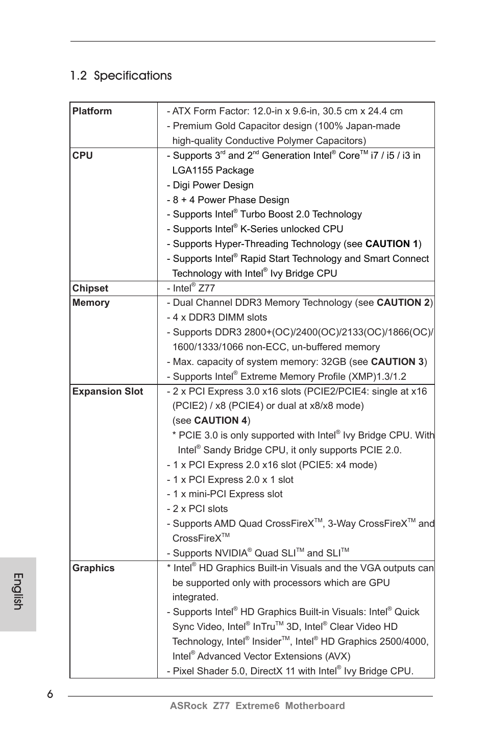 English 1.2 specifications | ASRock Z77 Extreme6 User Manual | Page 6 / 256