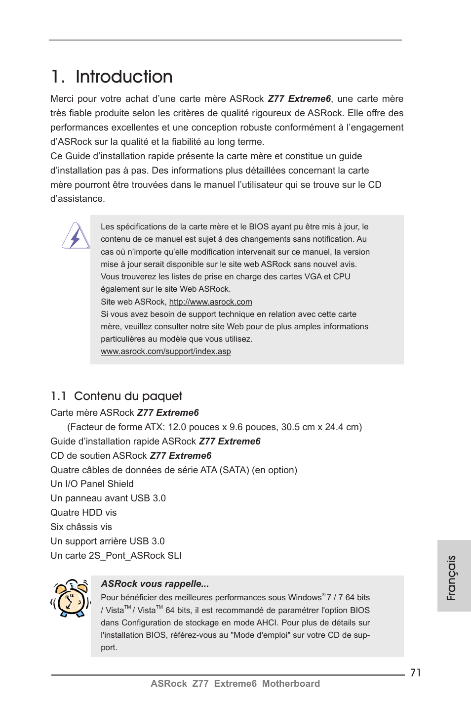 French, Introduction, Français | 1 contenu du paquet | ASRock Z77 Extreme6 User Manual | Page 71 / 256