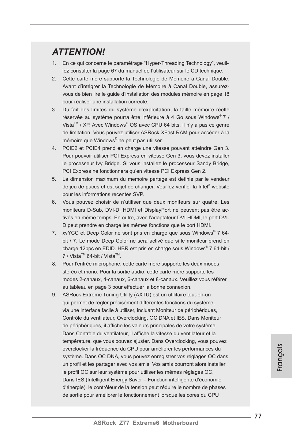 Attention, Français, Asrock z77 extreme6 motherboard | ASRock Z77 Extreme6 User Manual | Page 77 / 256