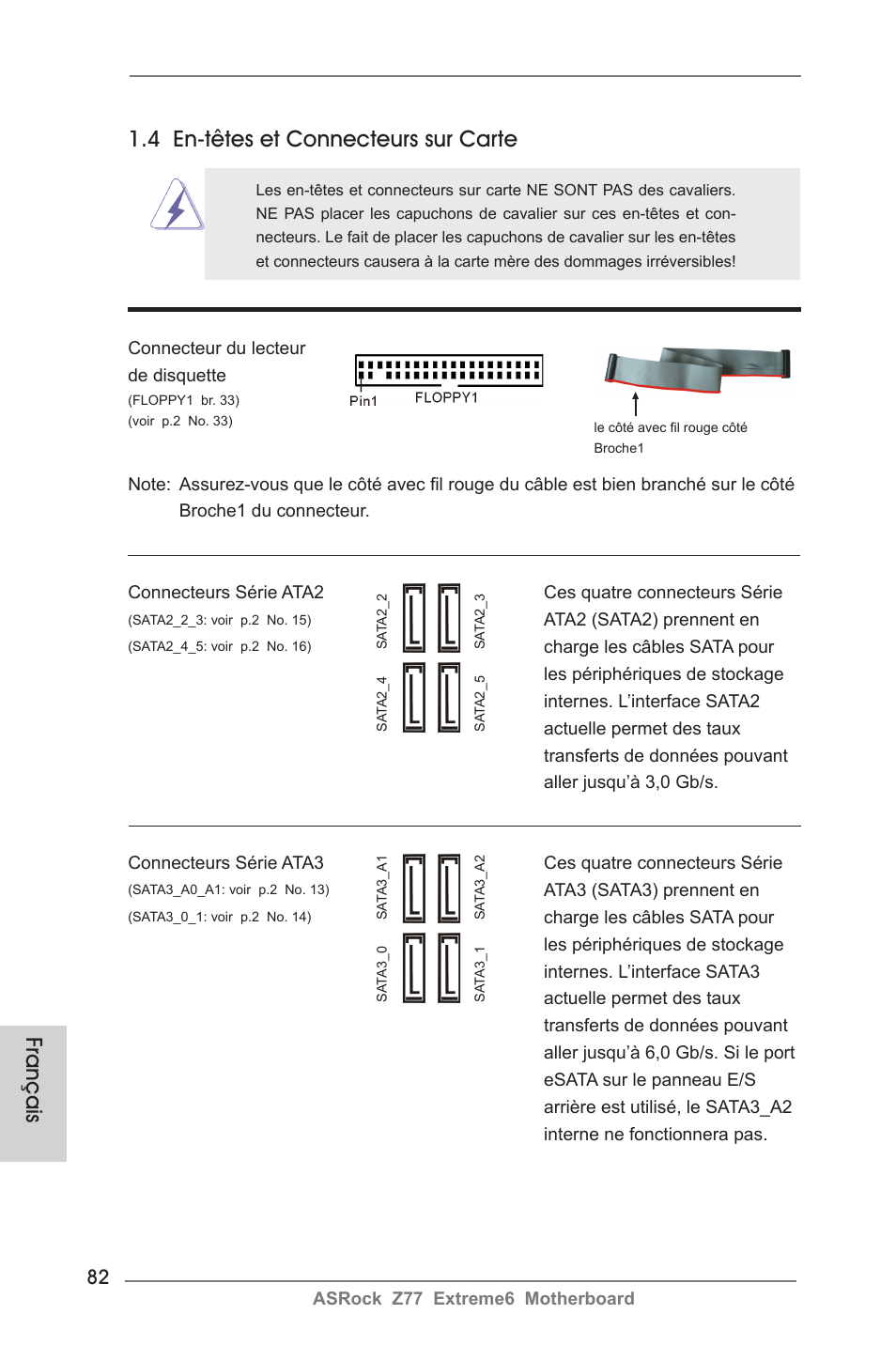 Français, 4 en-têtes et connecteurs sur carte | ASRock Z77 Extreme6 User Manual | Page 82 / 256