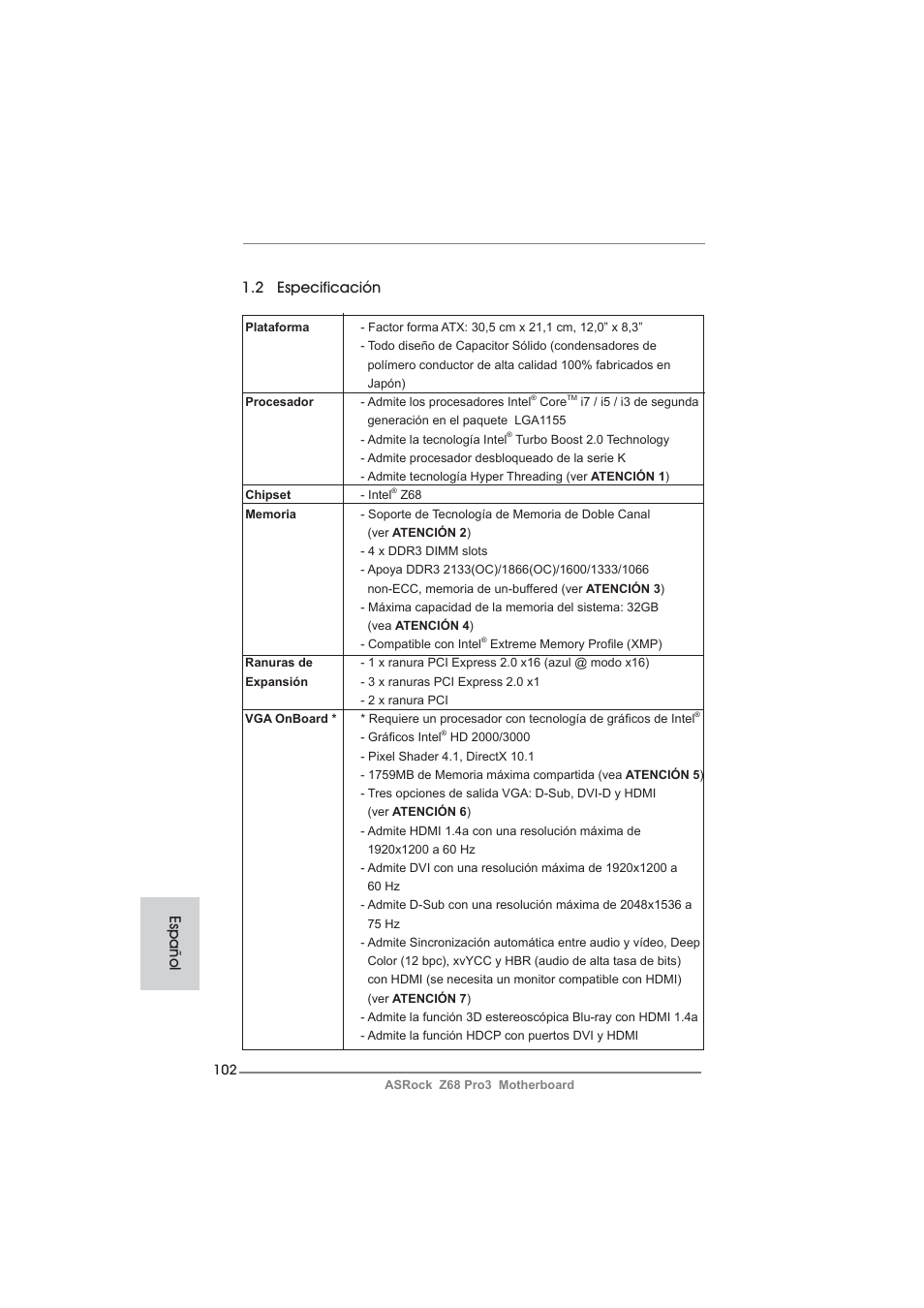 2 especificación, Español | ASRock Z68 Pro3 User Manual | Page 102 / 256