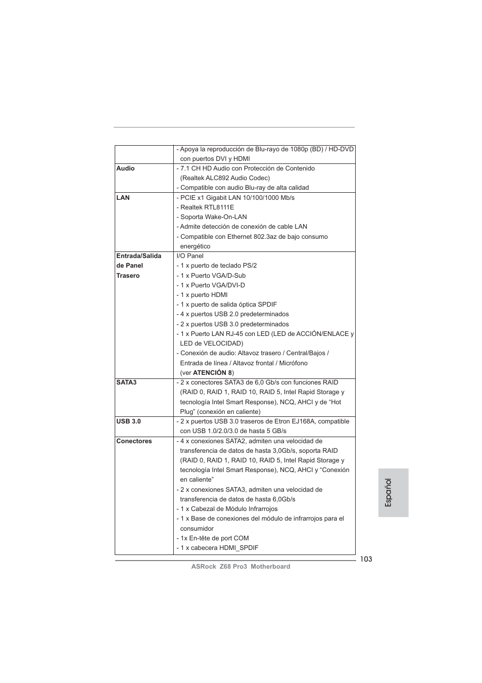 Español | ASRock Z68 Pro3 User Manual | Page 103 / 256