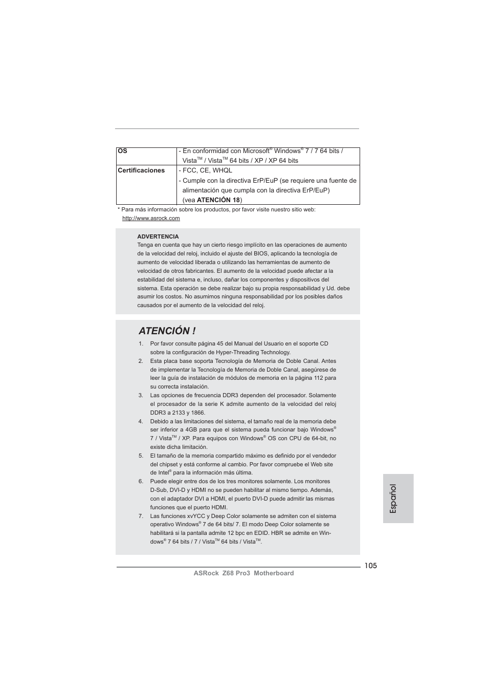 Atención, Español | ASRock Z68 Pro3 User Manual | Page 105 / 256