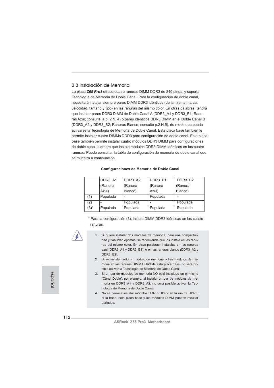 Español | ASRock Z68 Pro3 User Manual | Page 112 / 256