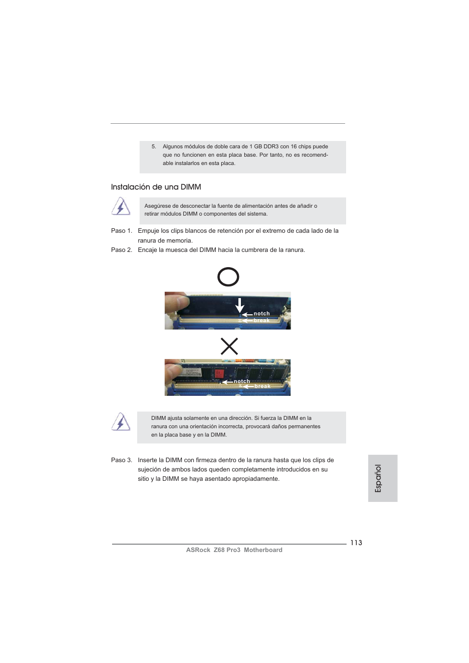 Español instalación de una dimm | ASRock Z68 Pro3 User Manual | Page 113 / 256