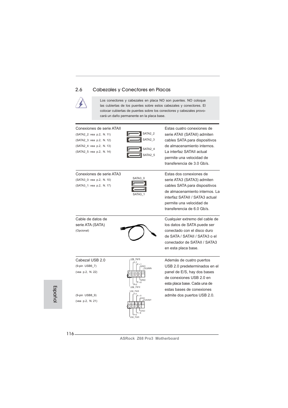 6 cabezales y conectores en placas, Español | ASRock Z68 Pro3 User Manual | Page 116 / 256