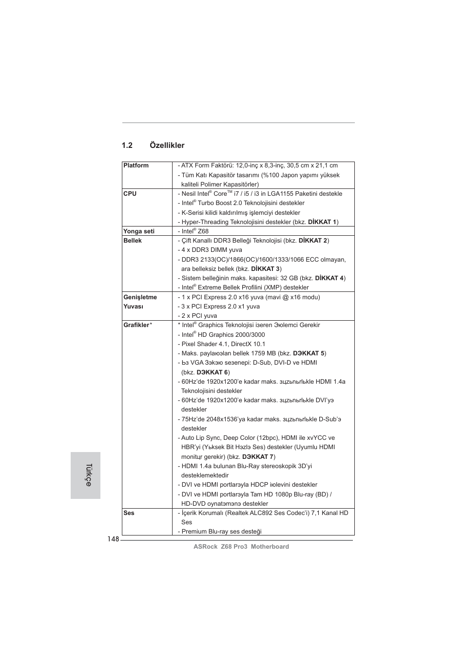 2 özellikler, Türkçe | ASRock Z68 Pro3 User Manual | Page 148 / 256