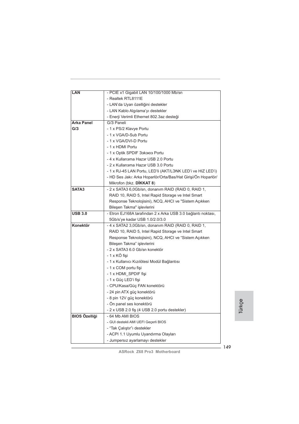 Türkçe | ASRock Z68 Pro3 User Manual | Page 149 / 256