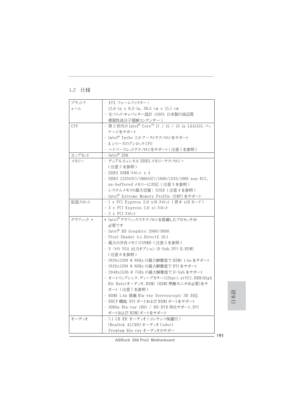 日本語 1.2 仕様 | ASRock Z68 Pro3 User Manual | Page 191 / 256