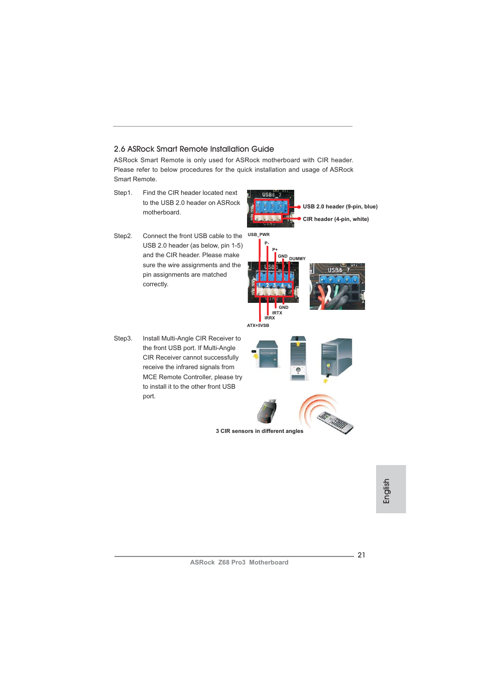 English, 6 asrock smart remote installation guide | ASRock Z68 Pro3 User Manual | Page 21 / 256