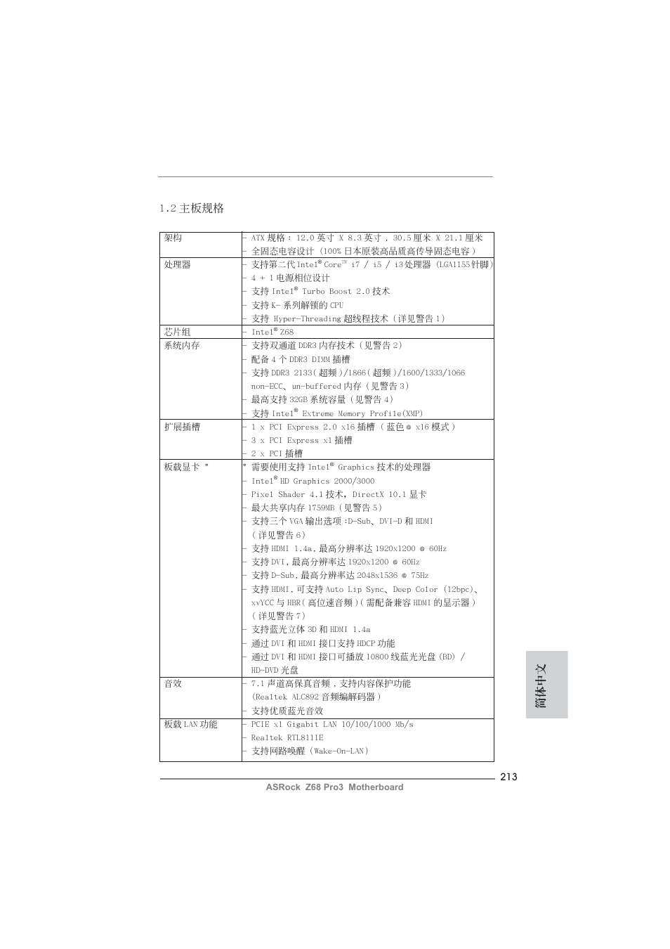 簡體中文 1.2 主板規格 | ASRock Z68 Pro3 User Manual | Page 213 / 256