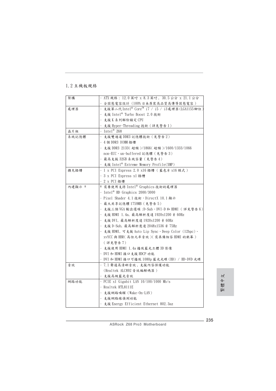 2 主機板規格, 繁體中文 | ASRock Z68 Pro3 User Manual | Page 235 / 256